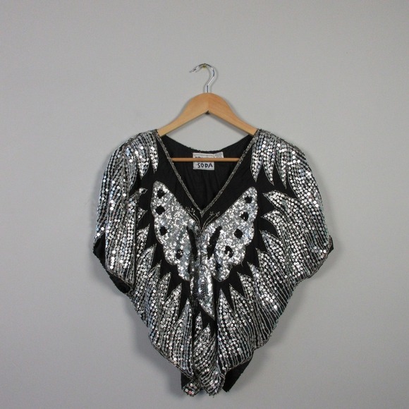 Cream Soda Sequin Top Fairycore Y2K Vtg Black 100% Silk Butterfly Silver 306 - Picture 1 of 14